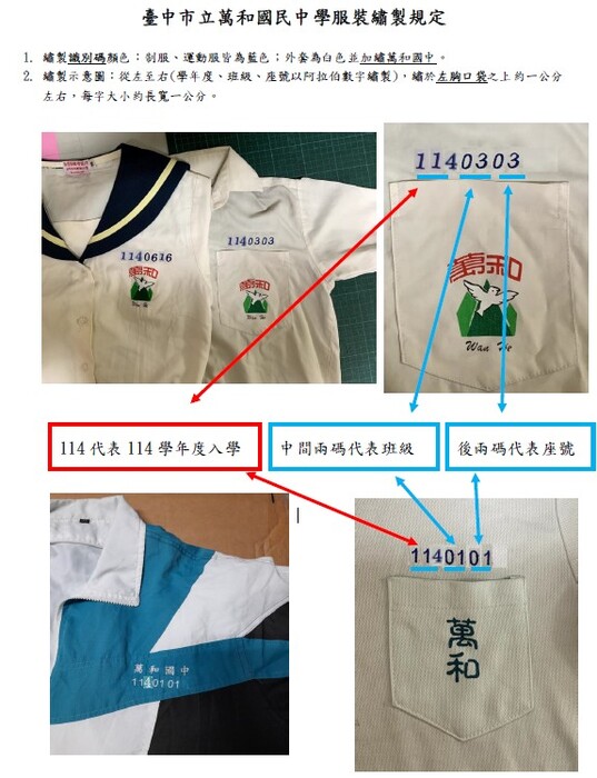 新生校服繡制規定(識別碼繡開學後的班級座號)圖片