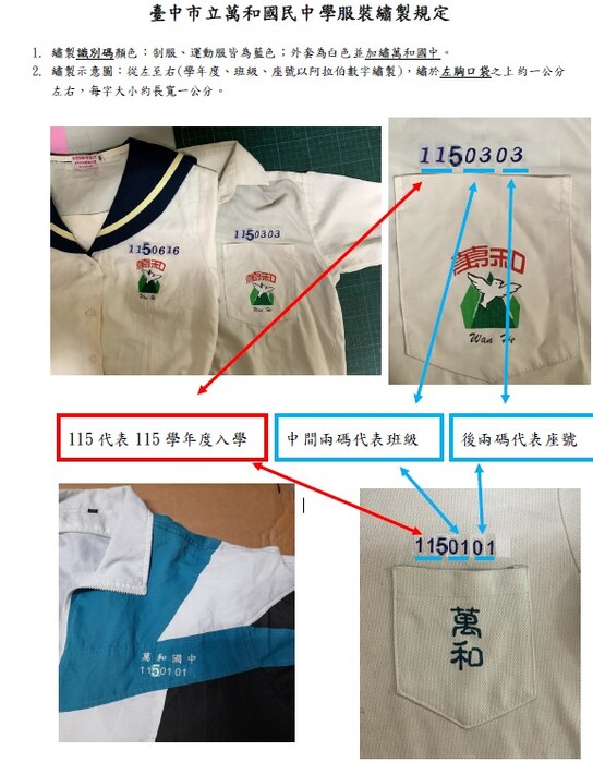 新生校服繡制規定(識別碼繡開學後的班級座號)